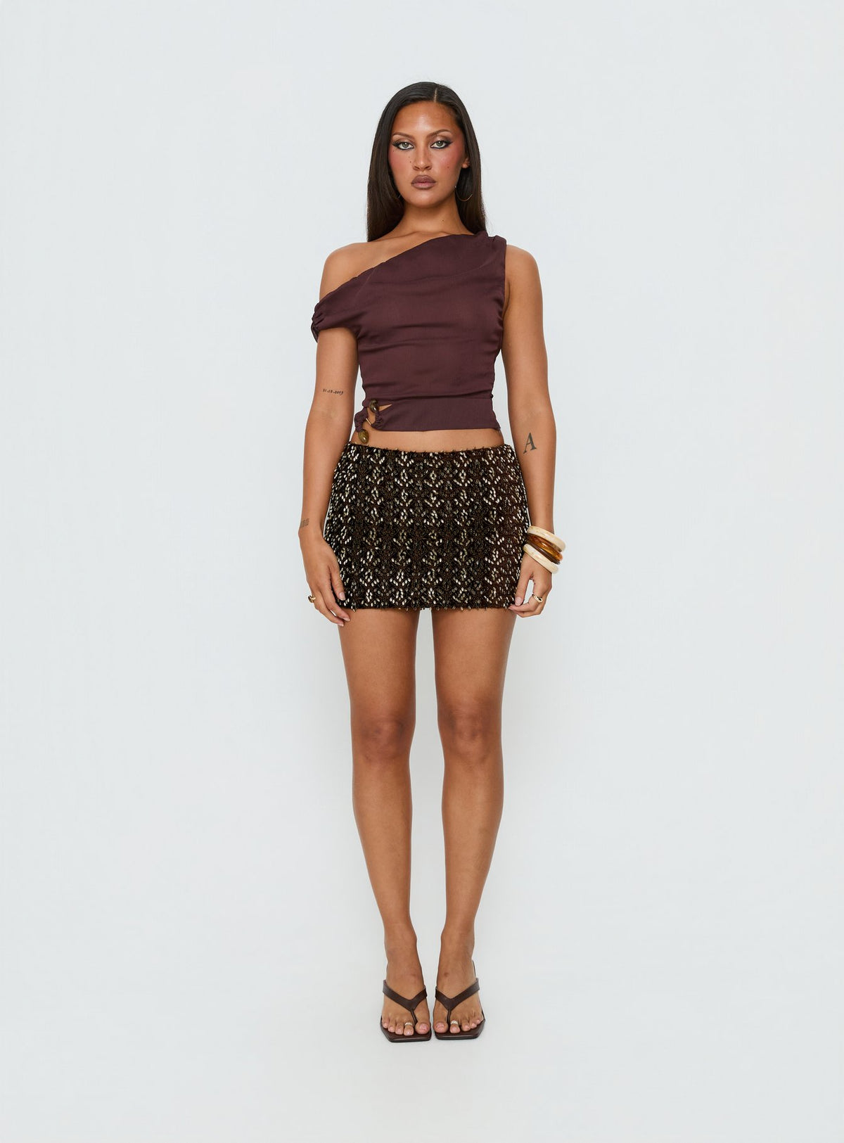   front view of model wearing Princess Polly Zaraya Sequin Mini Skirt Brown Mini Skirts 