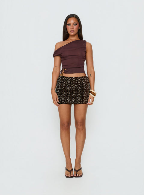   front view of model wearing Princess Polly Zaraya Sequin Mini Skirt Brown Mini Skirts 