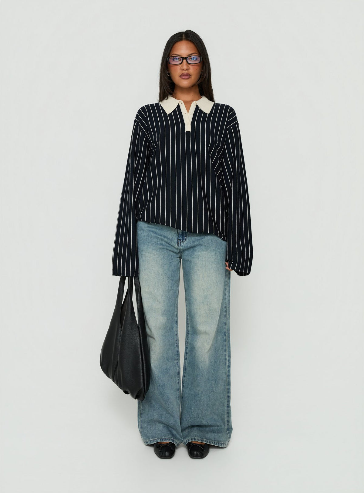Featuring the Boarders V Neck Polo Jumper Navy Stripe womens-jumpers in short length with oversized fit front view of model wearing Princess Polly
