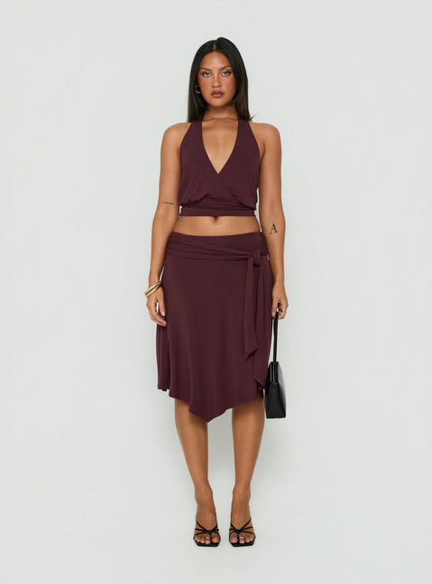 Soft Focus Tie Waist Midi Skirt Plum Noir