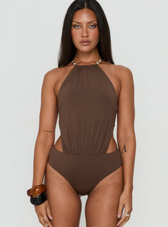 Presenting the Noree Bead Detail Bodysuit Mocha womens-bodysuit with sleeveless design detail Princess Polly