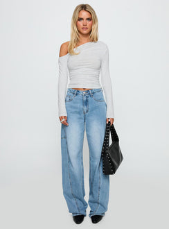 front view of model wearing Princess Polly Esperance Barrel Leg Jeans Vintage Blue High Waisted 