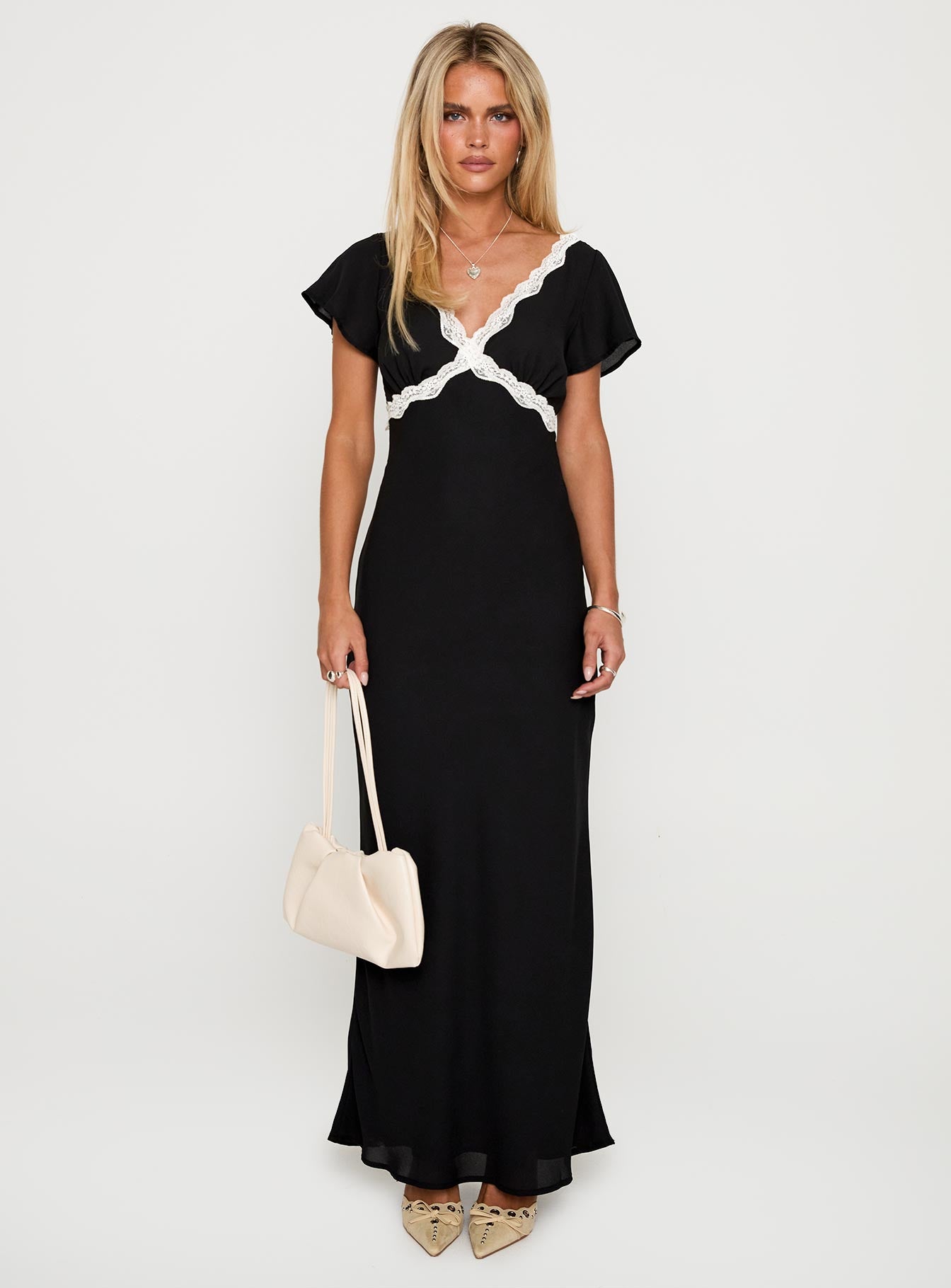 back view of model wearing Princess Polly Barbarita Lace Maxi Dress Black V-Neck 
