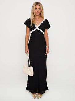 back view of model wearing Princess Polly Barbarita Lace Maxi Dress Black V-Neck 