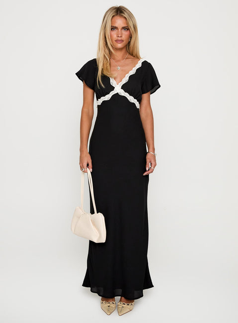 back view of model wearing Princess Polly Barbarita Lace Maxi Dress Black V-Neck 