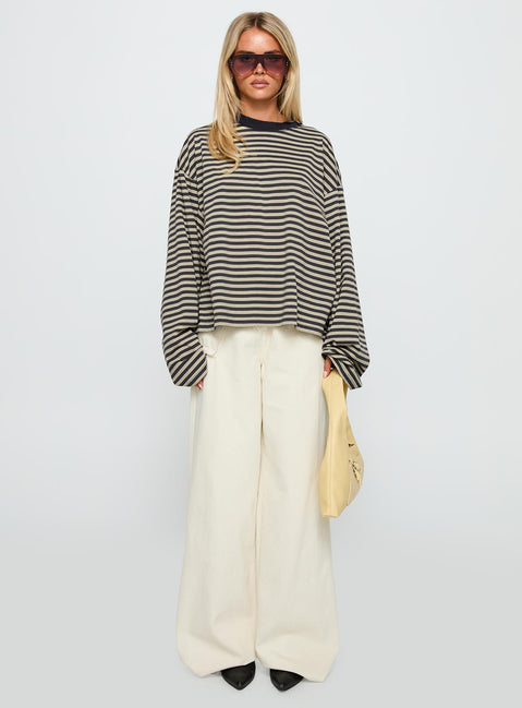 front view of model wearing Princess Polly Bloom Long Sleeve Top Beige Stripe Full Sleeves Crew Neck 