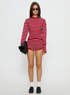 front view of model wearing Princess Polly Head In The Clouds Cardigan Crimson Stripe 