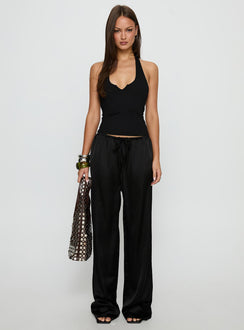 front view of model wearing Princess Polly Soulstar Satin Pants Black High Rise Pants 