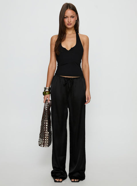 front view of model wearing Princess Polly Soulstar Satin Pants Black High Rise Pants 