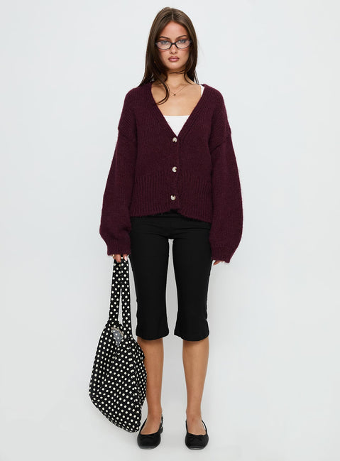 front view of model wearing Princess Polly Yasmyn Knit Cardigan Burgundy Longline Jumpers 