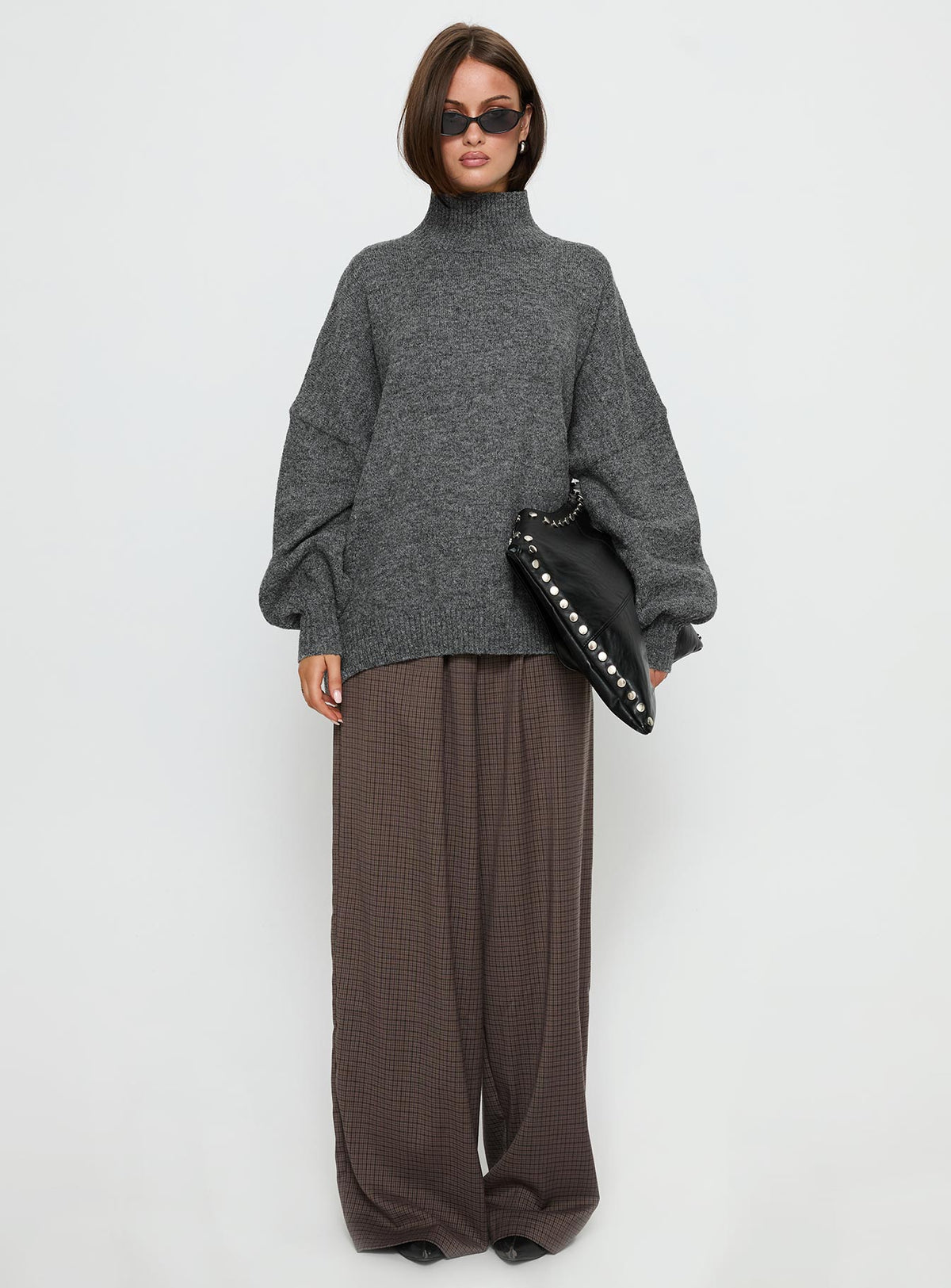 back view of model wearing Princess Polly Patrizia Funnel Neck Knit Sweater Grey Long 