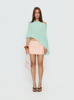 Showcasing the Rouse Off Shoulder Knit Poncho Jelly Mint womens jumpers with long length front view of model wearing Princess Polly
