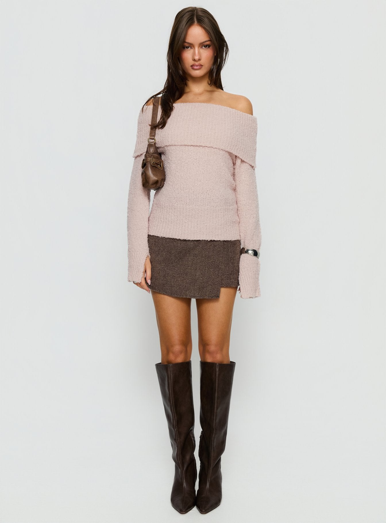 back view of model wearing Princess Polly Adelyne Tweed Mini Skirt Brown Mini Skirts 