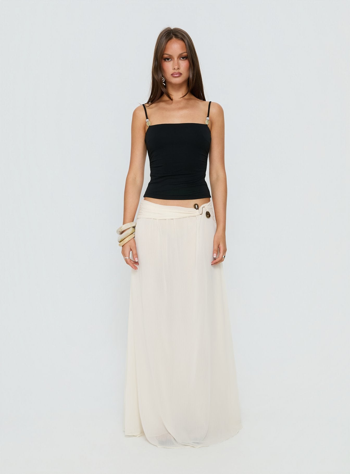   front view of model wearing Princess Polly Kaledia Chiffon Draped Maxi Skirt Cream Maxi Skirts 