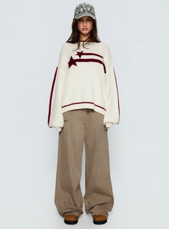 front view of model wearing Princess Polly Star Track Graphic Jumper Cream / Red Longline Jumpers 