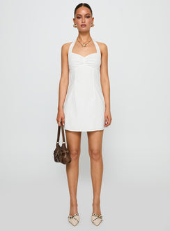 front view of model wearing Princess Polly Journey On Halter Mini Dress White Sweetheart Neckline 