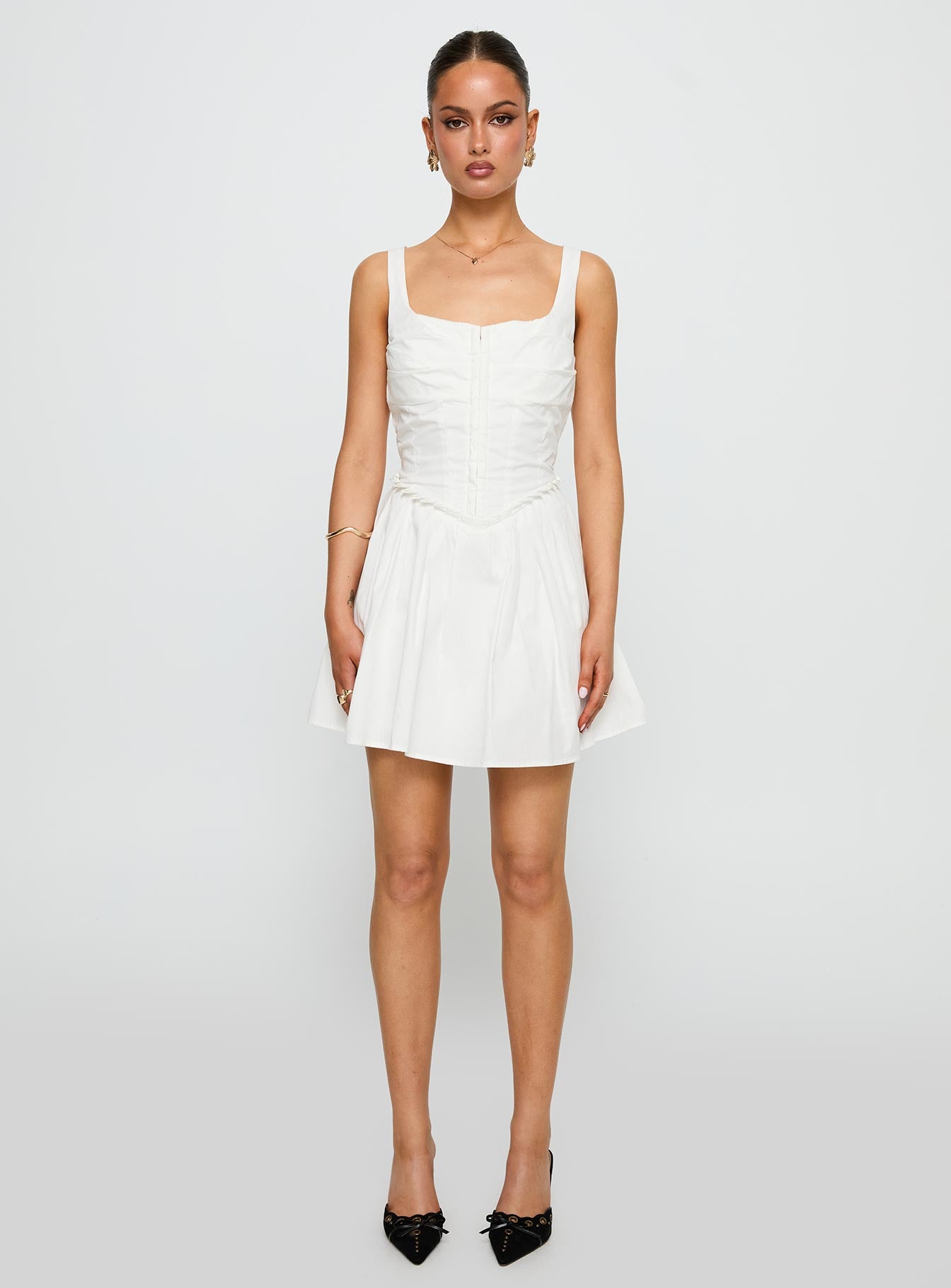 front view of model wearing Princess Polly Wild Ideas Mini Dress White Square Neck 