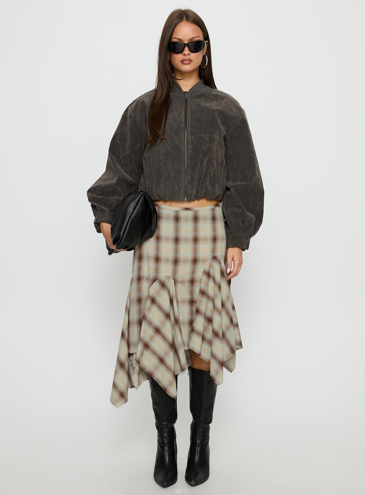   front view of model wearing Princess Polly Toshie Asymmetrical Midi Skirt Multi Check Midi Skirts 