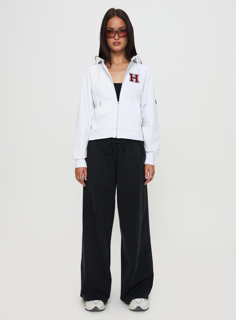 front view of model wearing Princess Polly Harvard Raglan Zip Up White / Red Jumpers 