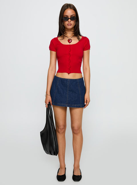 side view of model wearing Princess Polly Pretty Sweet Button Up Top Red Short Sleeves Scoop Neck 