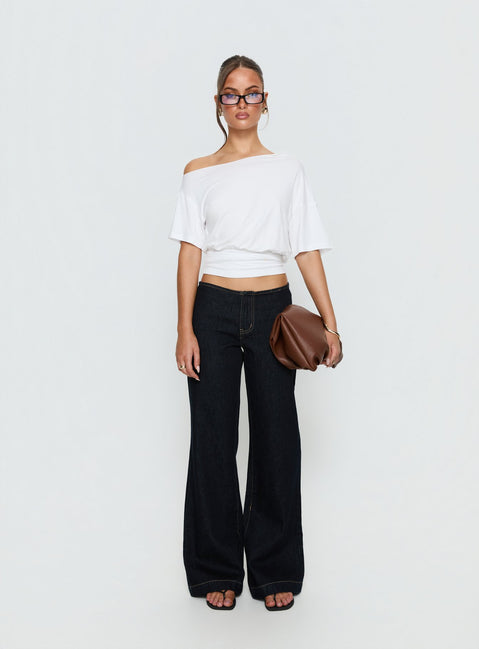 front view of model wearing Princess Polly Buenos No Waist Low Rise Straight Leg Jeans Raw Denim Mid Rise Jeans 