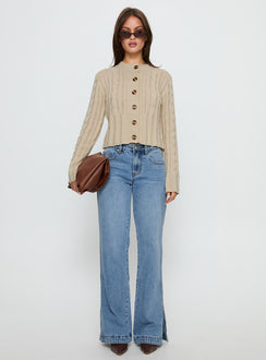 side view of model wearing Princess Polly Donielle Cable Knit Cardigan Beige cropped Jumpers 