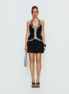 Aisleigh Sequin Halter Mini Dress Black / Silver