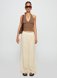 front view of model wearing Princess Polly Beach House Pants Yellow Stripe High Rise Pants Pants 