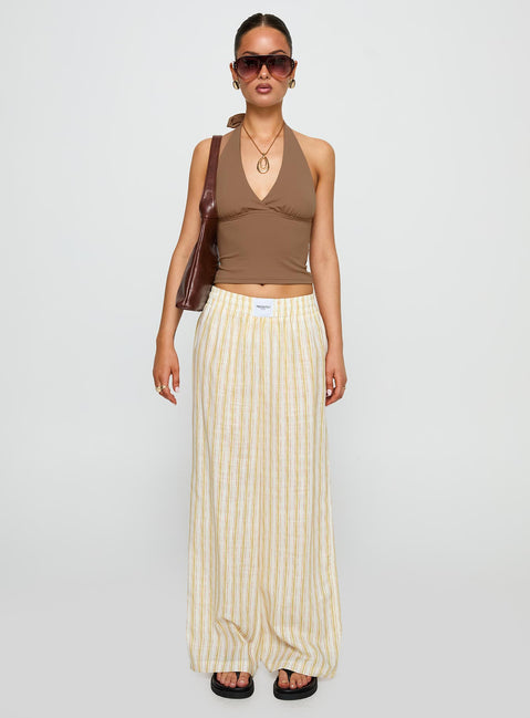 front view of model wearing Princess Polly Beach House Pants Yellow Stripe High Rise Pants Pants 