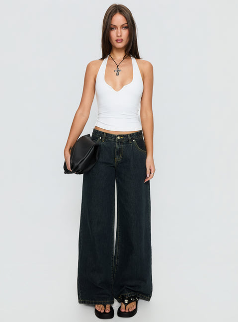 front view of model wearing Princess Polly Supercut Low Rise Baggy Pleat Jeans Grunge Wash Low Rise Jeans 