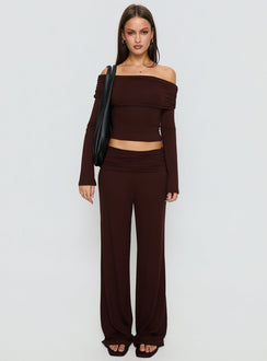 front view of model wearing Princess Polly Fawne Ruched Folded Pants Brown Mid Rise Pants 
