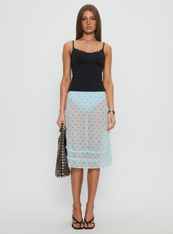   front view of model wearing Princess Polly Lyza Sheer Midi Skirt Blue Polka Midi Skirts Skirts 