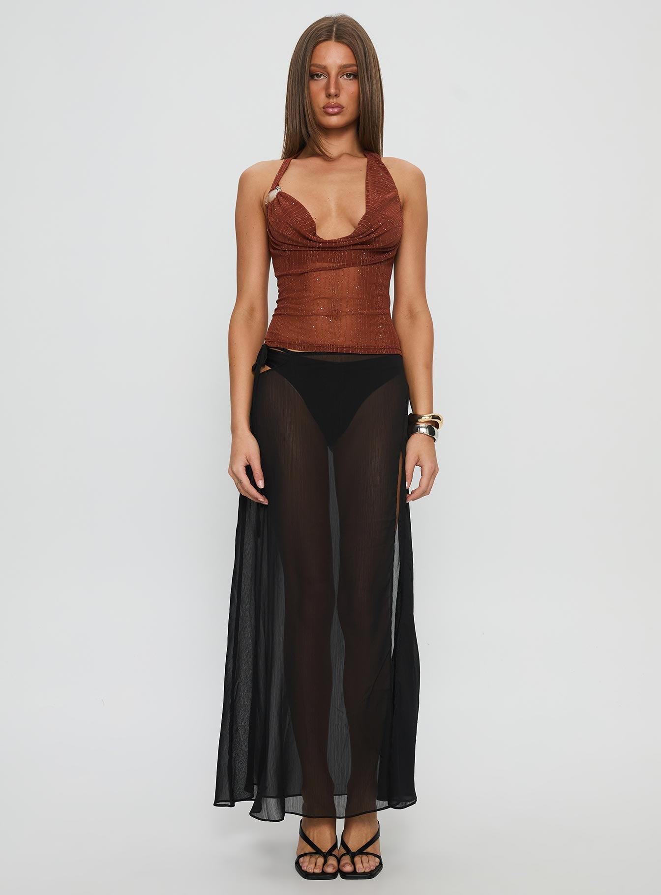 Victorina Hardware Detail Cowl Neck Top Brown