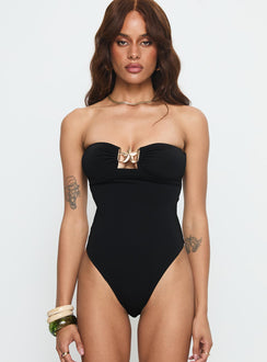 front view of model wearing Princess Polly Jadea Strapless Hardware Detail Bodysuit Black Sleeveless 