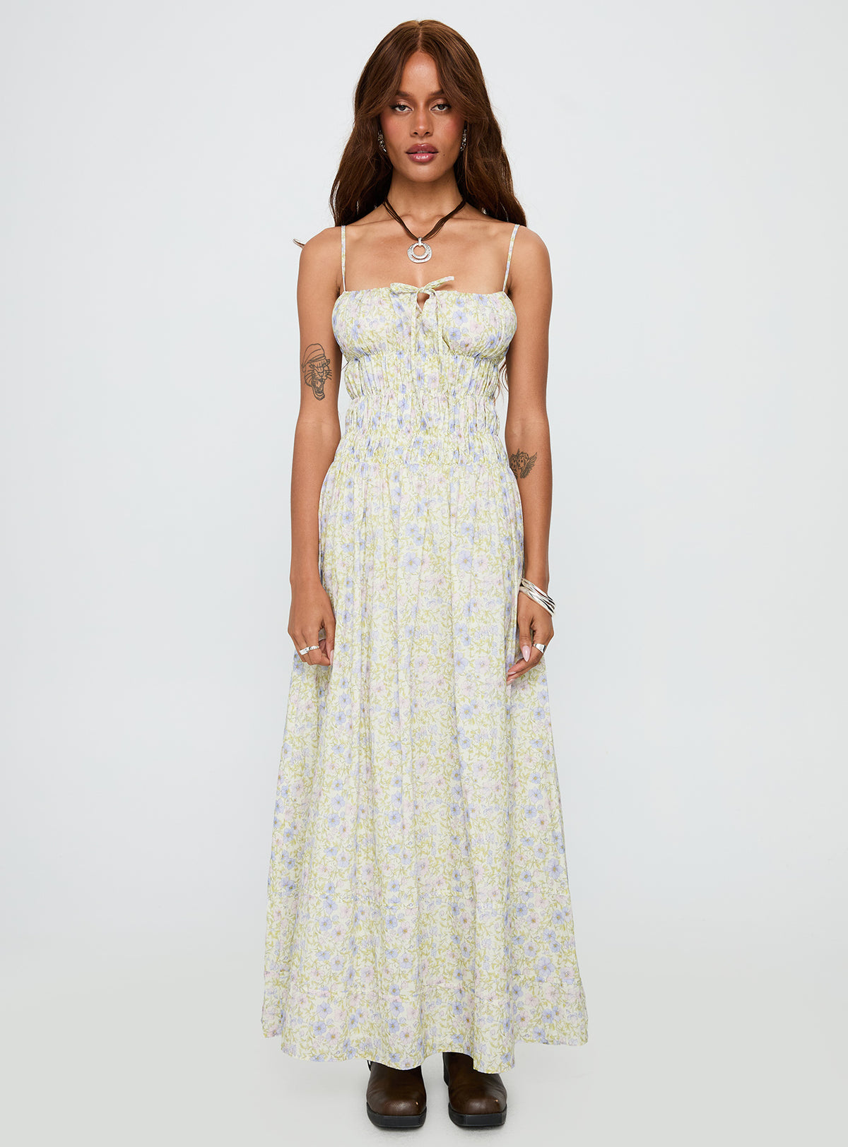 side view of model wearing Princess Polly Loralei Shirred Maxi Dress Floral Square Neck 