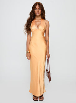 side view of model wearing Princess Polly Good For You Halter Maxi Dress Orange Plunger 