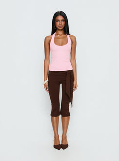 front view of model wearing Princess Polly Lizana Tie Side Capri Pants Brown Mid Rise Pants 
