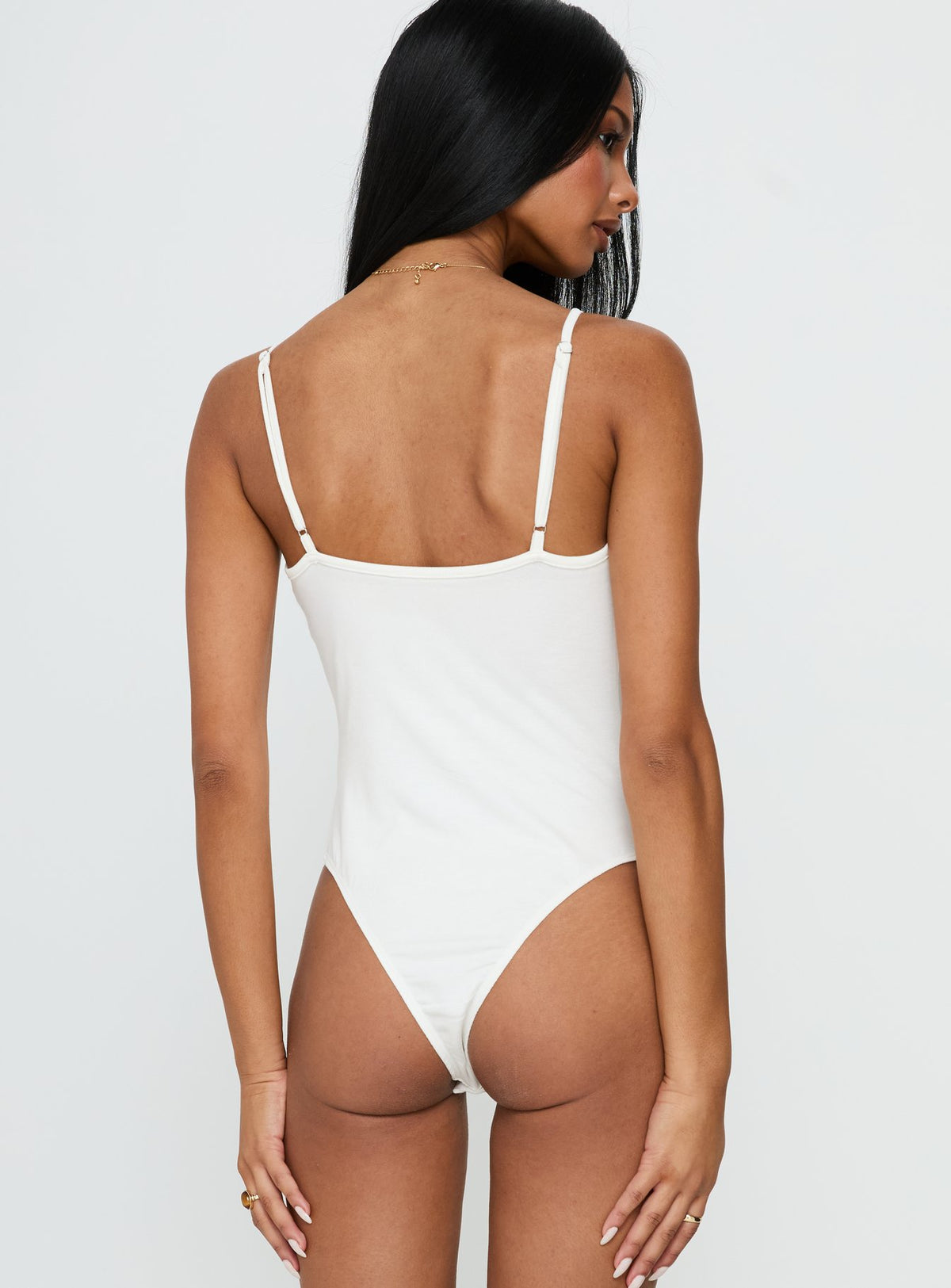 back view of model wearing Princess Polly Nerisse Keyhole Bodysuit White Sleeveless 