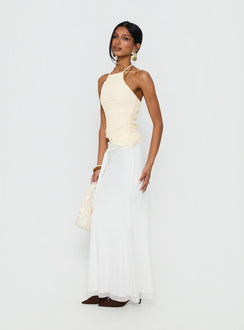   side view of model wearing Princess Polly Caviar Tie Maxi Skirt White Maxi Skirts 