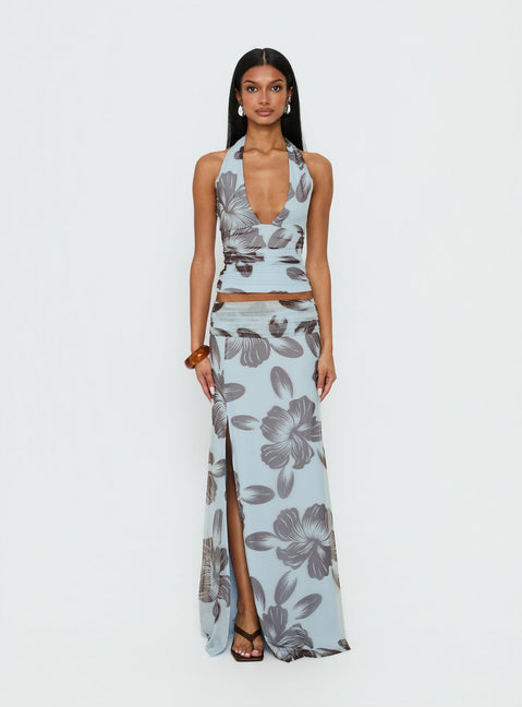   front view of model wearing Princess Polly Roselin Mesh Maxi Skirt Blue Floral 