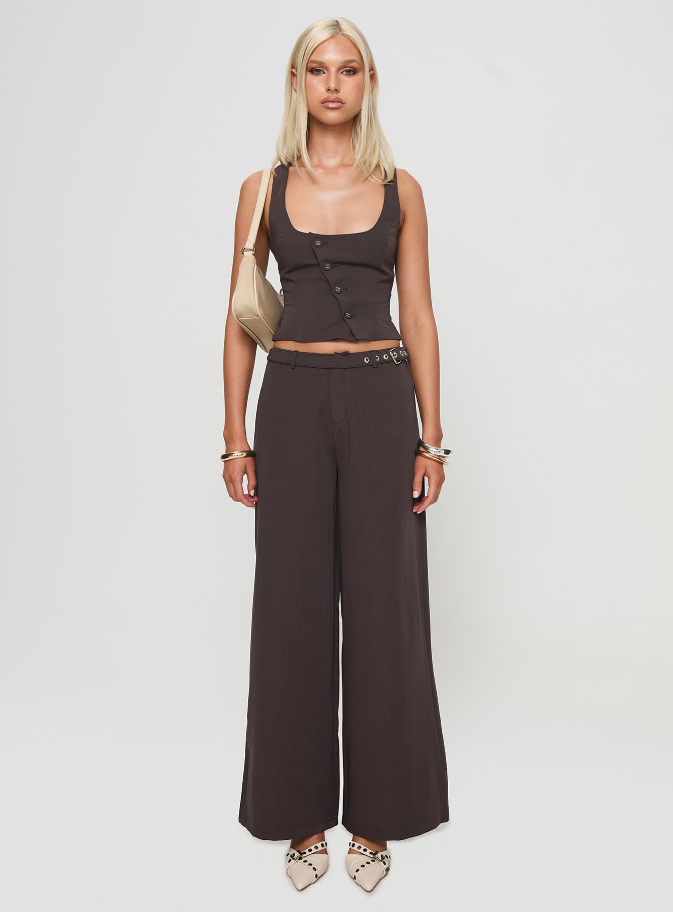 front view of model wearing Princess Polly Miku Pants Brown Mid Rise 