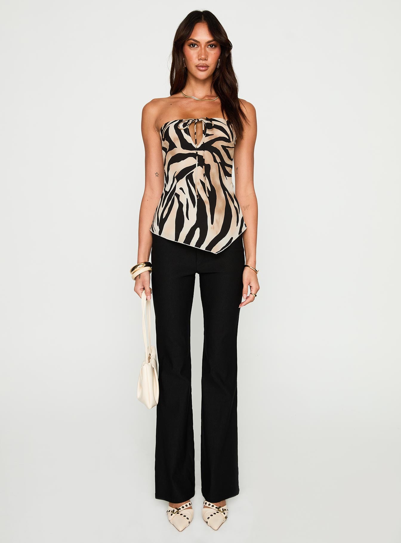 front view of model wearing Princess Polly I Wonder Strapless Cut Out Top Tiger Sleeveless straight 