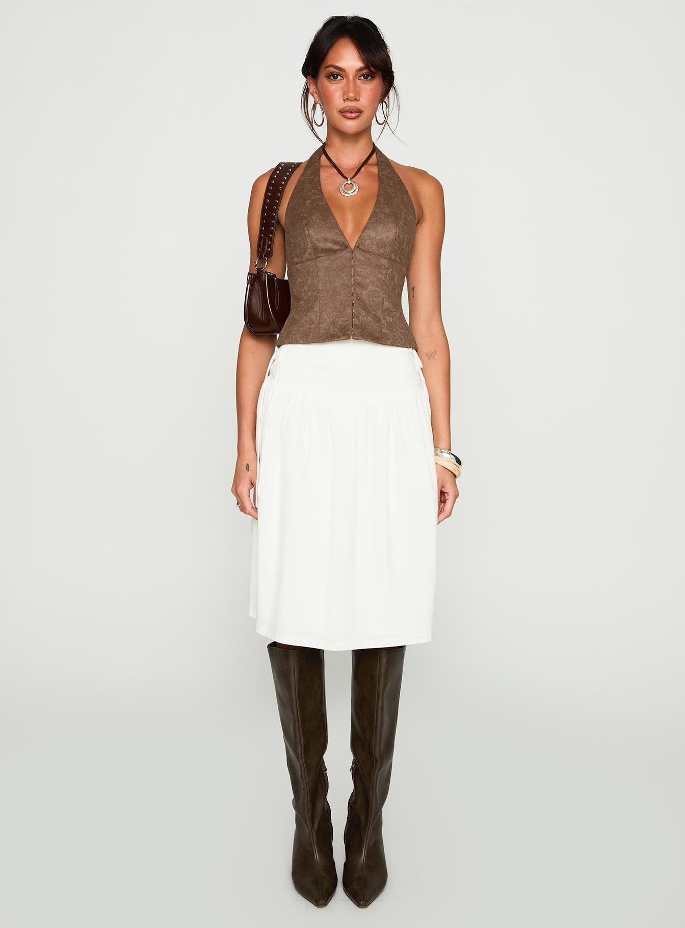   front view of model wearing Princess Polly Snowflakes Tie Side Midi Skirt White 