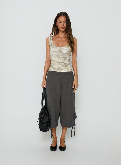Featuring the Relaxer 3/4 Cargo Pants Charcoal in womens-regular-pants with mid-rise front view of model wearing Princess Polly