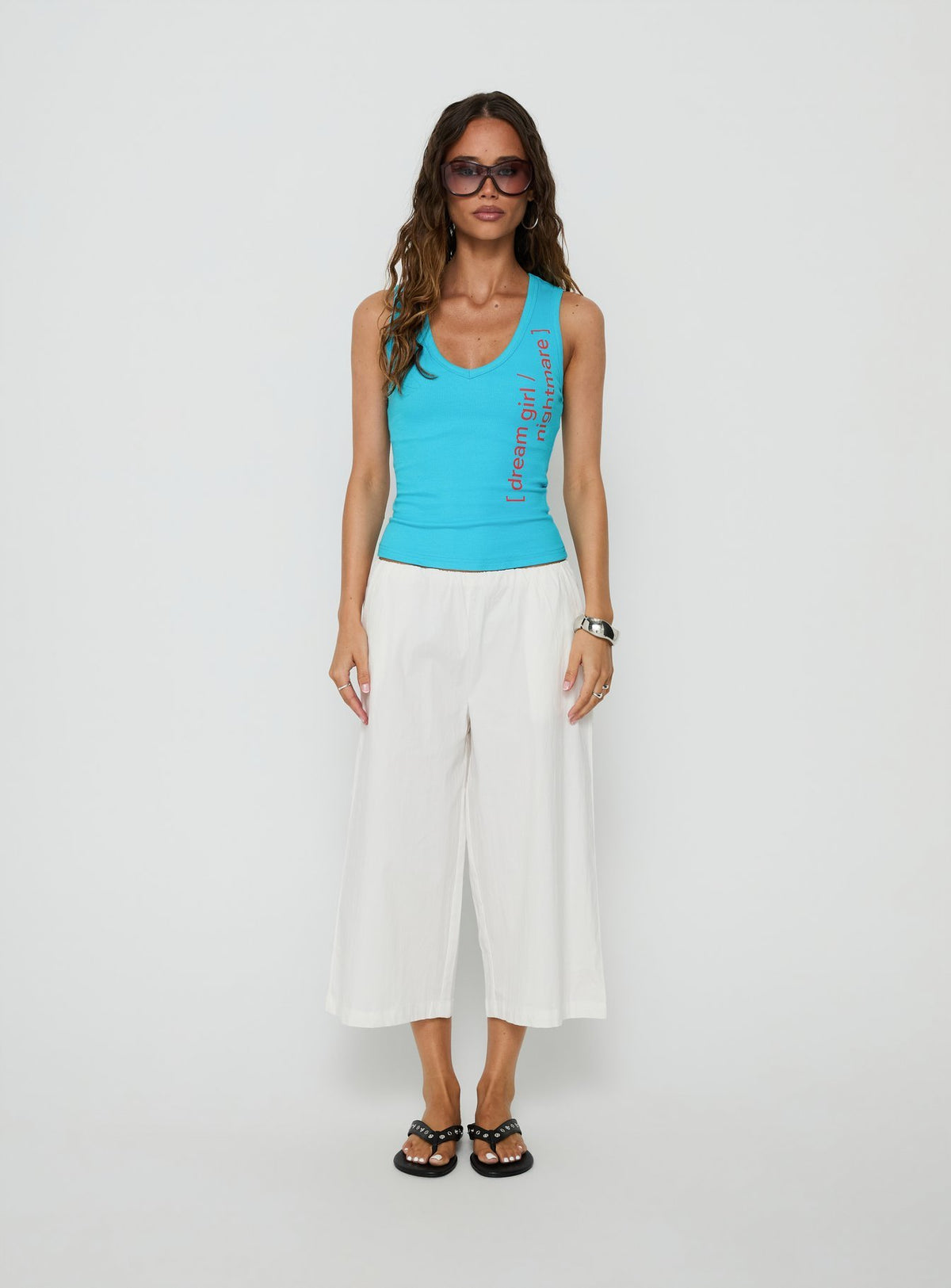 Introducing the Lunea Concealed Waistband 3/4 Pant White womens-regular-pants featuring high-rise front view of model wearing Princess Polly