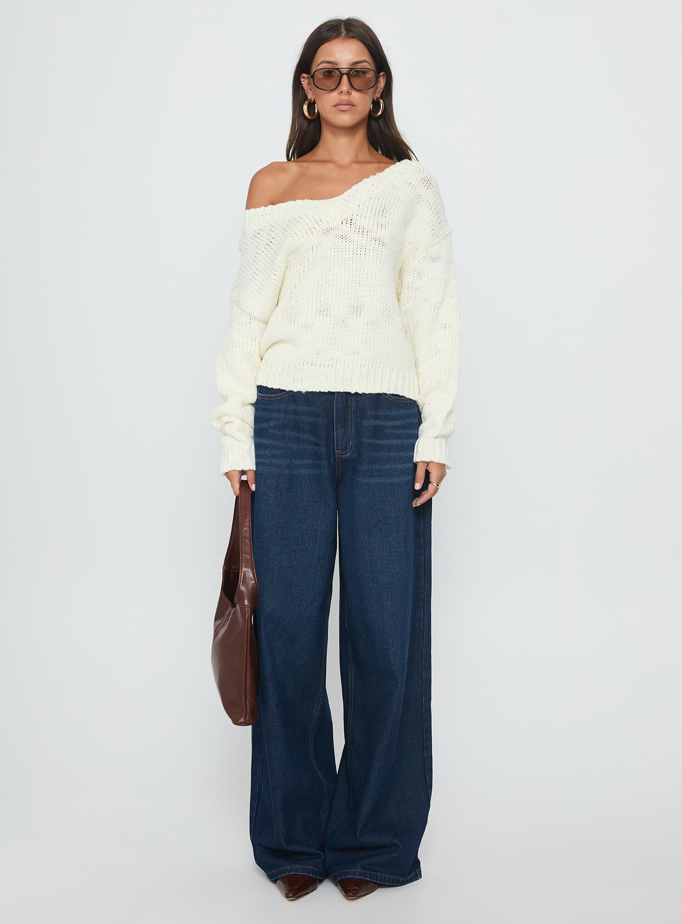 front view of model wearing Princess Polly Talassa V Neck Knit Sweater White Cropped Jumpers 