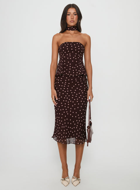 Sydni Scarf Detail Strapless Top Chocolate / Pink Polka Dot