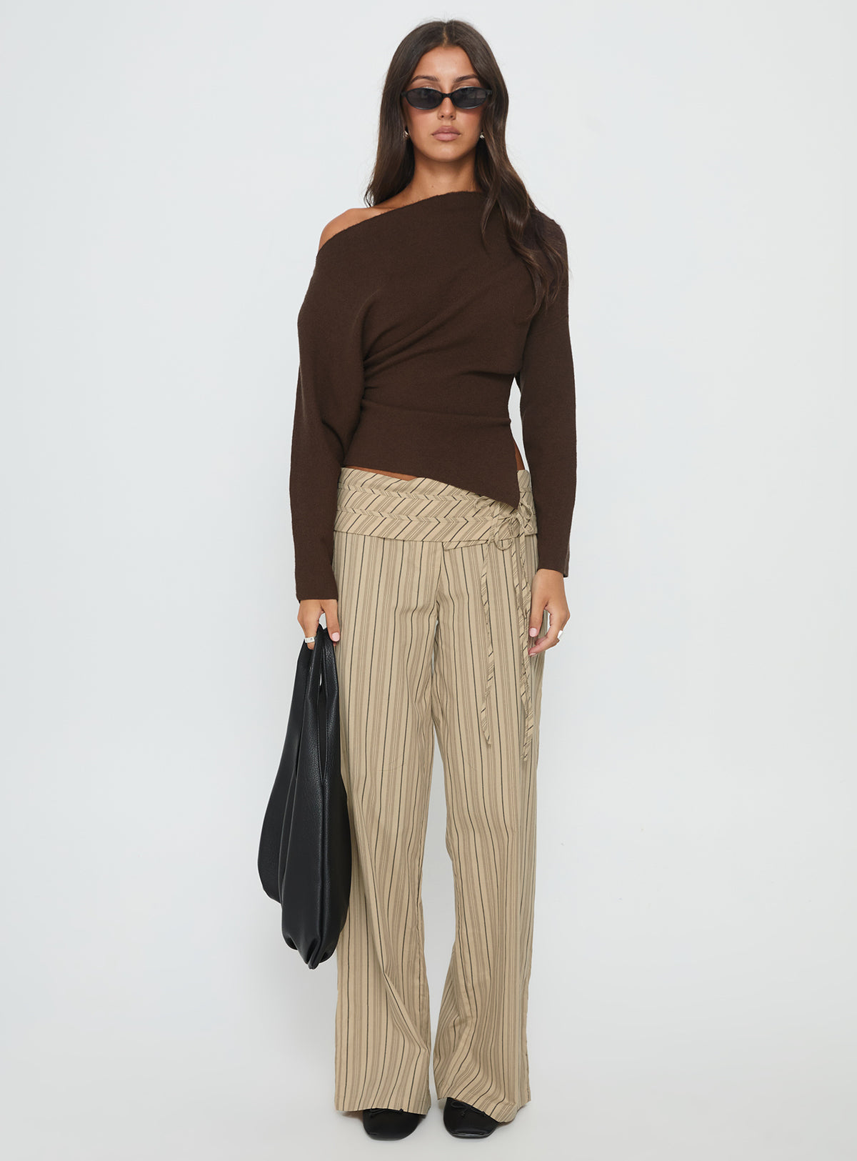 back view of model wearing Princess Polly Kaelith Off Shoulder Knit Sweater Brown Longline Jumpers 