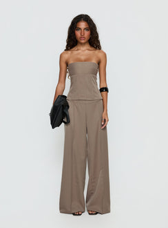 front view of model wearing Princess Polly Madelle Mid Rise Straight Leg Pants Brown Pinstripe Mid Rise Pants 