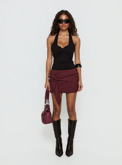   front view of model wearing Princess Polly Lowretta Faux Suede Belt Mini Skirt Burgundy Mini Skirts 
